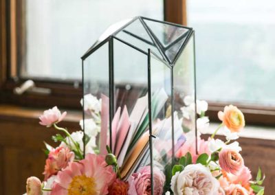 Terrarium card holder wedding reception coral pink flowers | Britannia Yacht Club | Union Eleven Photographers