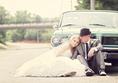 Bride and groom with vintage tiffany blue car | Sala San Marco | Renaissance Studios