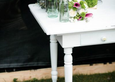 Antique white table various glass white and green flowers | Private Residence Wedding | Union Eleven Photographers